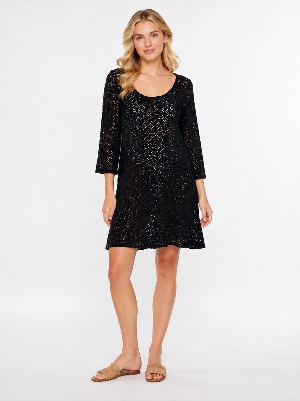 Miraclesuit Black Crochet Swim Cover-Up 3/4 Sleeves Lightweight & Stylish Women'